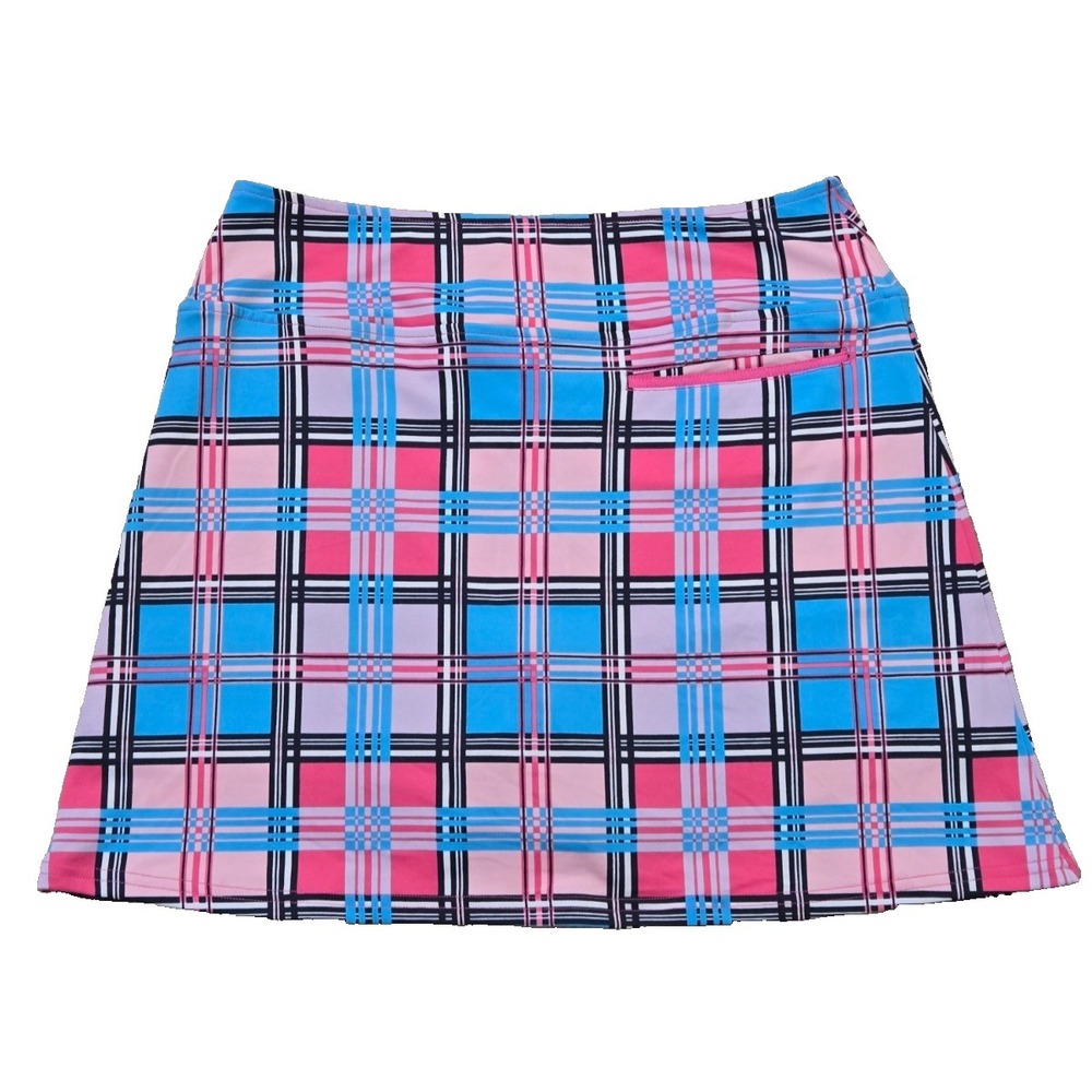 Golftini Pink Label Limitless Long Plaid Golf Skort Women's M Pink/Blue Paid NWT